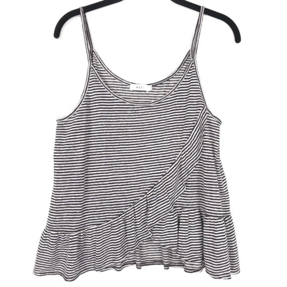 ALC Ava Tank Top 100% LINEN Striped Ruffle Front Spaghetti Strap Cami SMALL - Picture 1 of 9